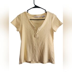 Tommy Hilfiger Vintage Y2K 90s Women's Butter Yellow Lace-Up Top Shirt